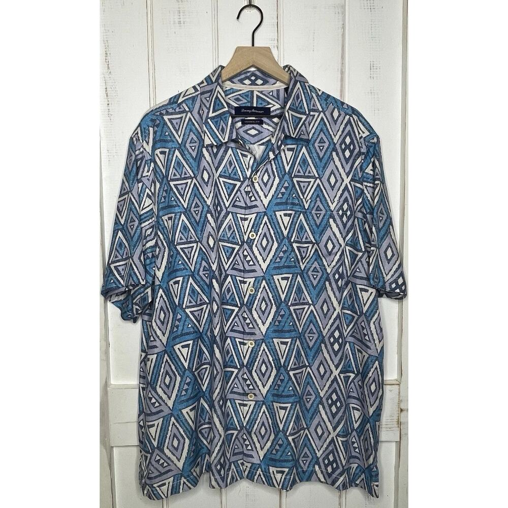 TOMMY BAHAMA Silk Blend Short Sleeve Geometric Aztec Tribal Beach Print Mens XL